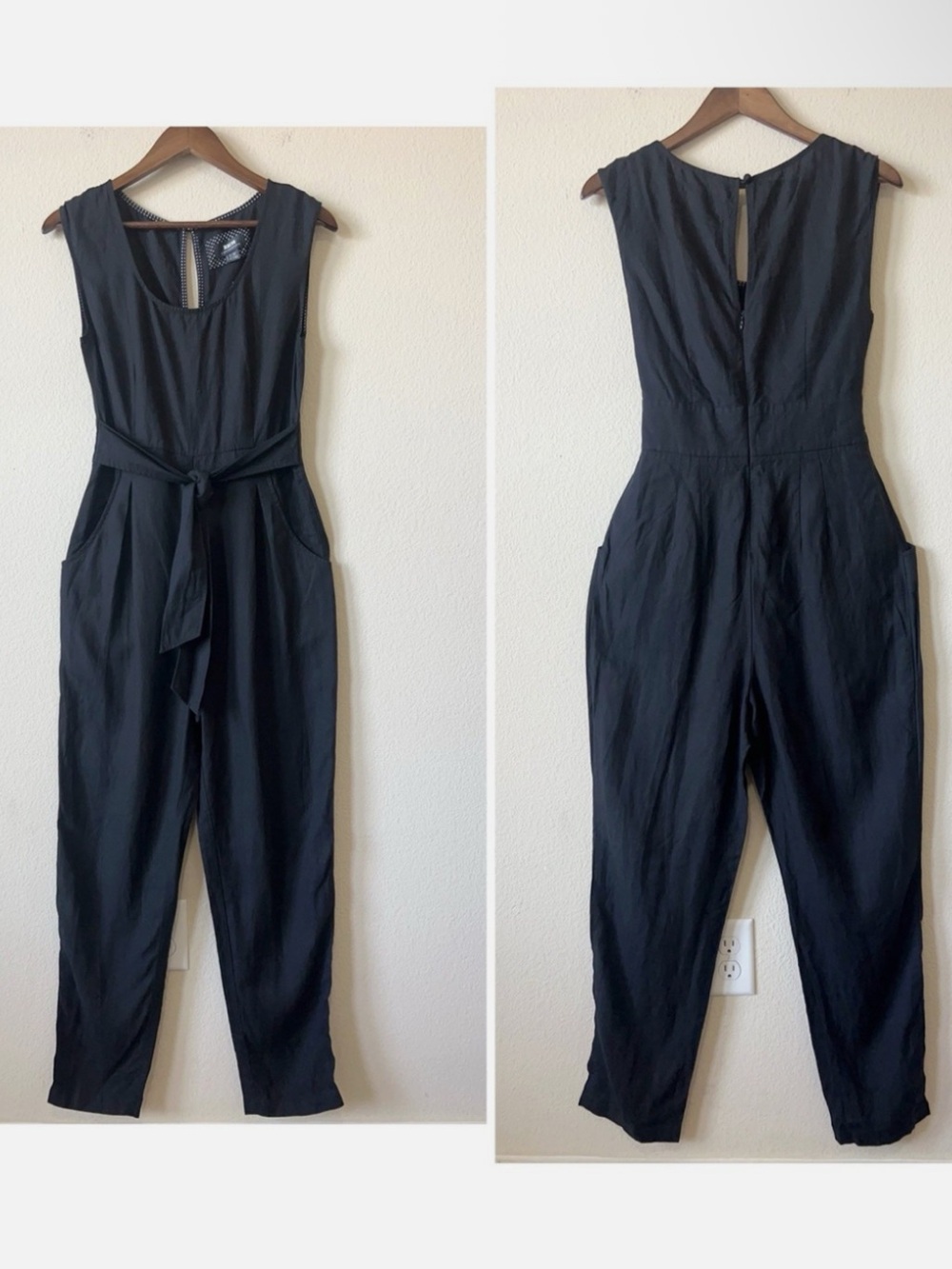 Anthropologie Black Sleeveless Tie-Waist Jumpsuit
